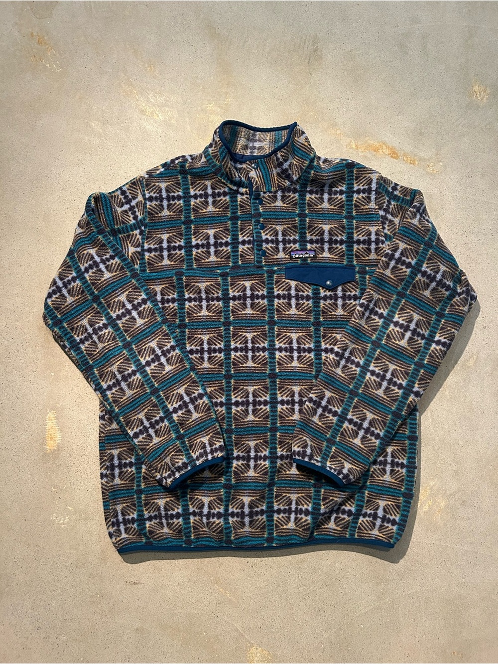 Patagonia Geometric Zip-Up Fleece in Teal, Brown & Cream